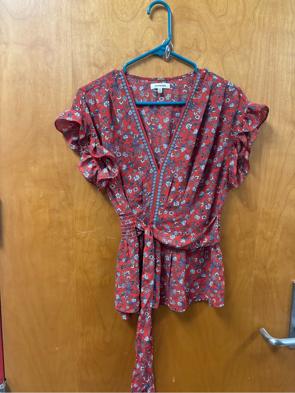 Max Studio Red Floral Tie-Waist Wrap Blouse
